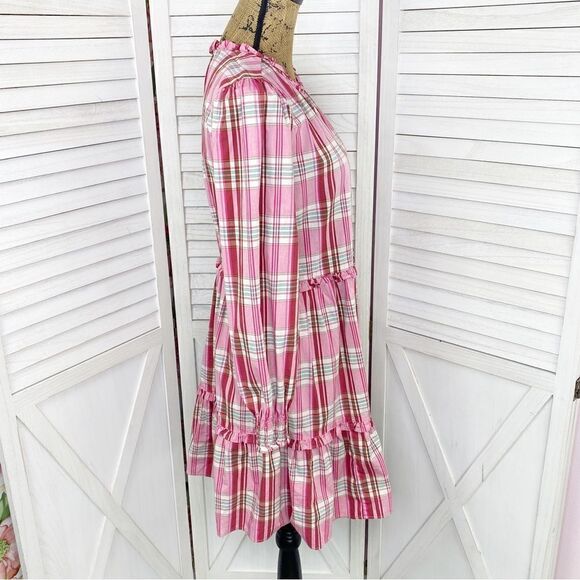 J. Crew Factory Plaid Ruffle Trim Tiered Shift Dress Pink 6 - Picture 3 of 14